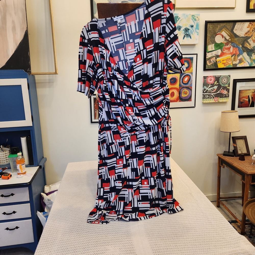 Jones Studio Asymmetrical Dress in Red, White, and Blue